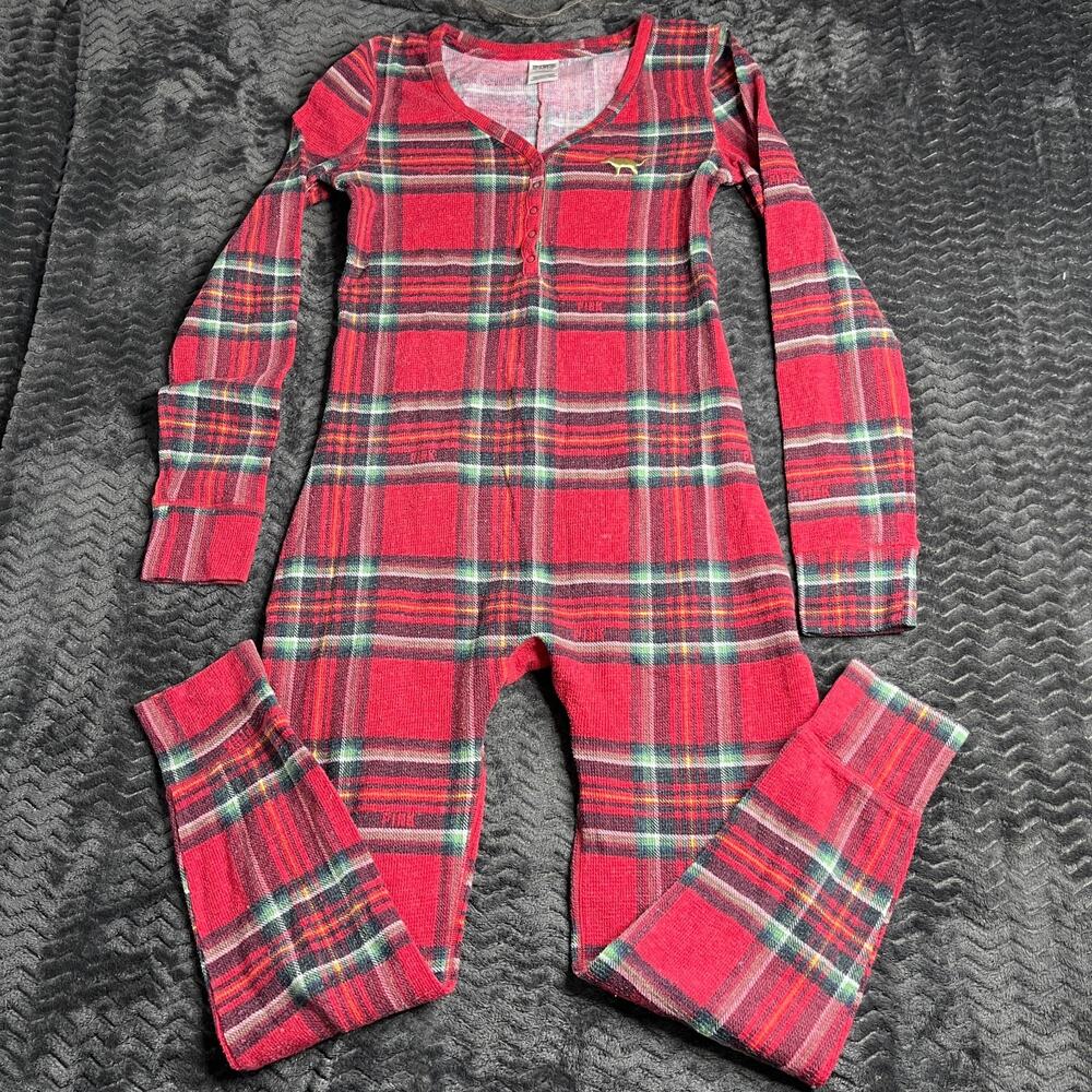Victoria's Secret PINK One Piece Pajama Red Horizontal Holiday Plaid size Large